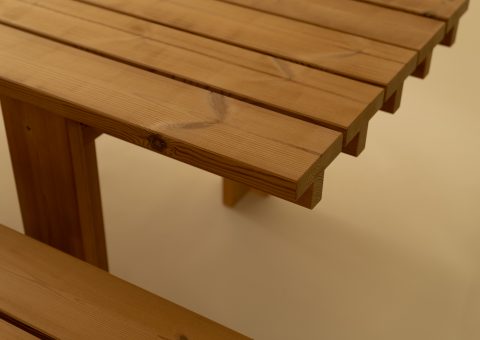 Wooden outdoor table detail.